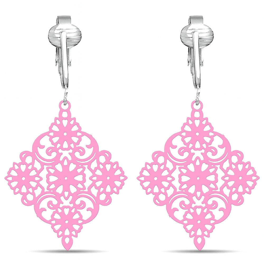 Diamond Shaped Filigree Drop Clip On Dangling Earrings