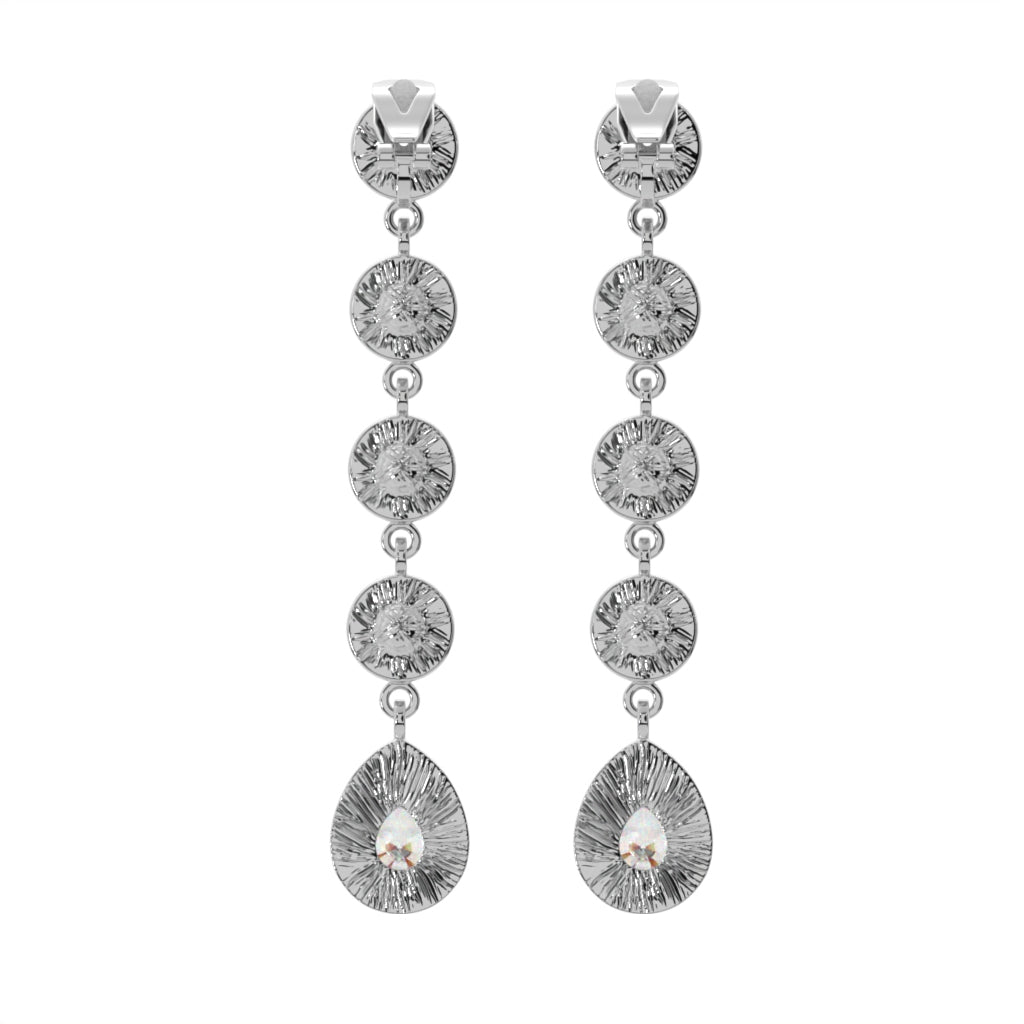 Silver Long Crystal Drops Clip On Statement Dangling Earrings