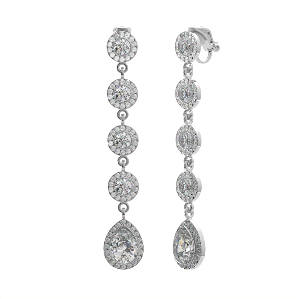 Silver Long Crystal Drops Clip On Statement Dangling Earrings