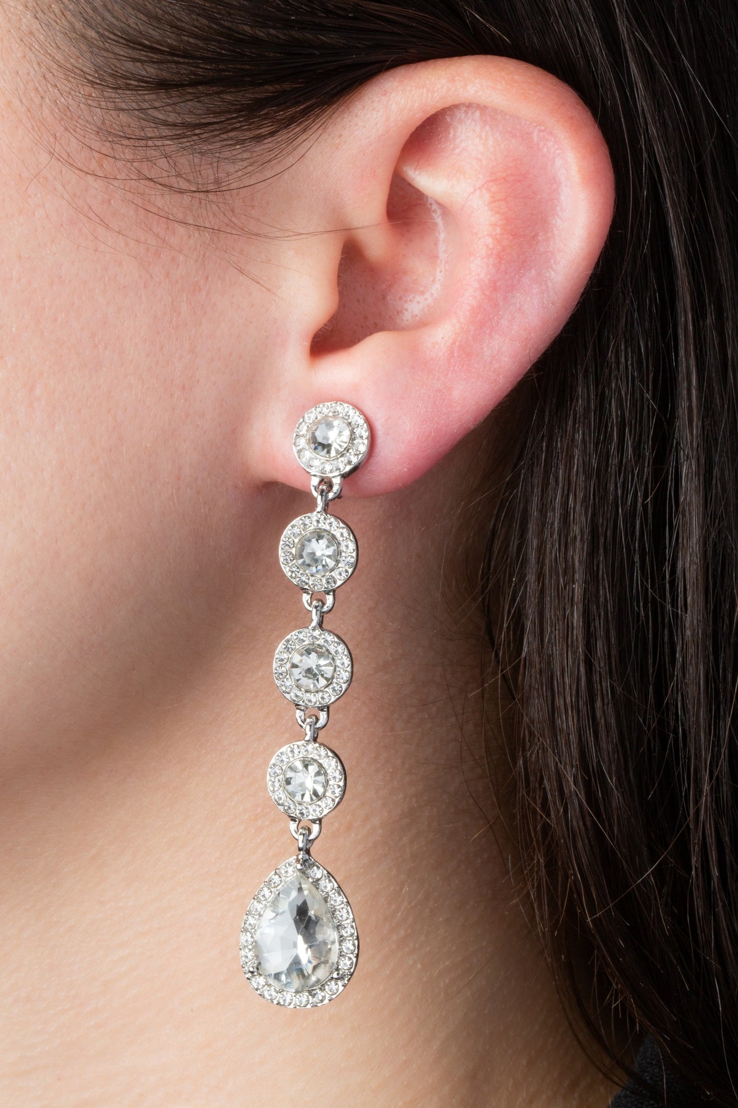 Silver Long Crystal Drops Clip On Statement Dangling Earrings
