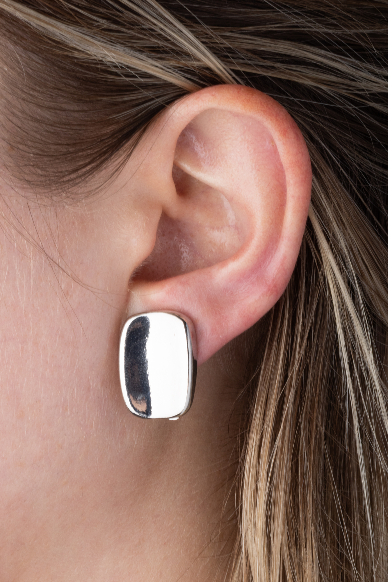 Silver Concave Rectangle Clip On Stud Earrings