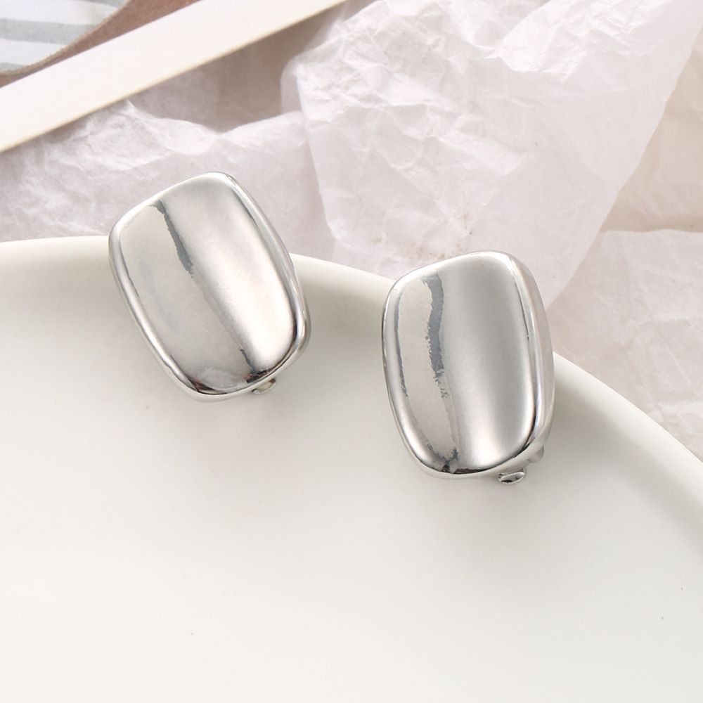 Silver Concave Rectangle Clip On Stud Earrings