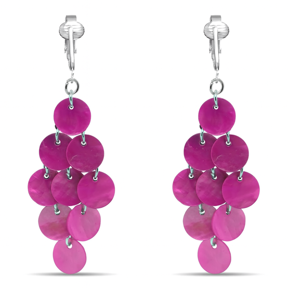 Mother of Pearl Round Layered Clip On Dangling Earrings