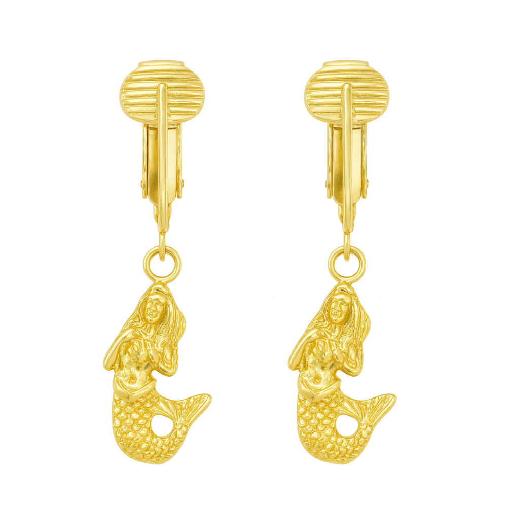 Gold Mermaids Clip On Dangling Earrings