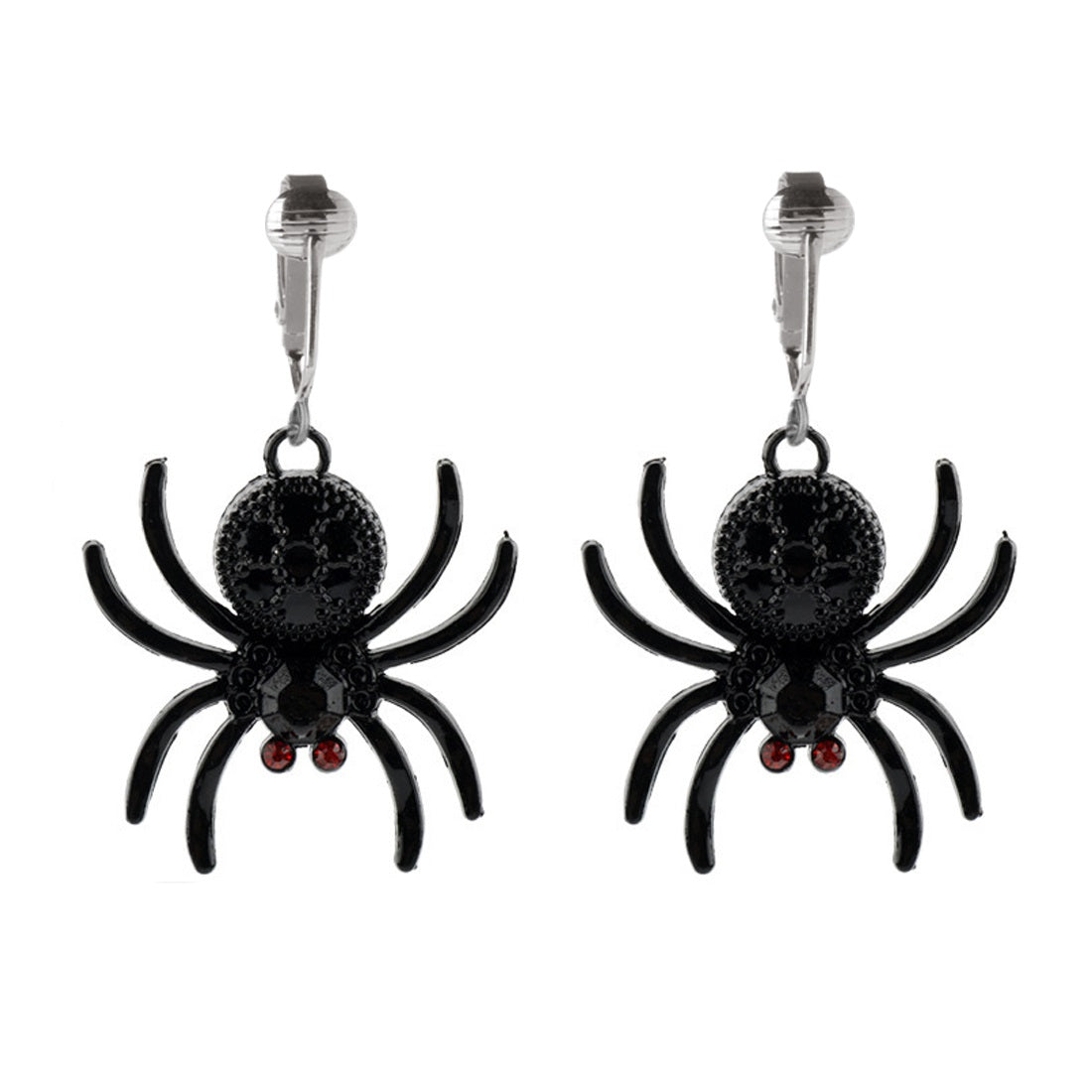 Black Spiders Silver Clip On Dangling Earrings