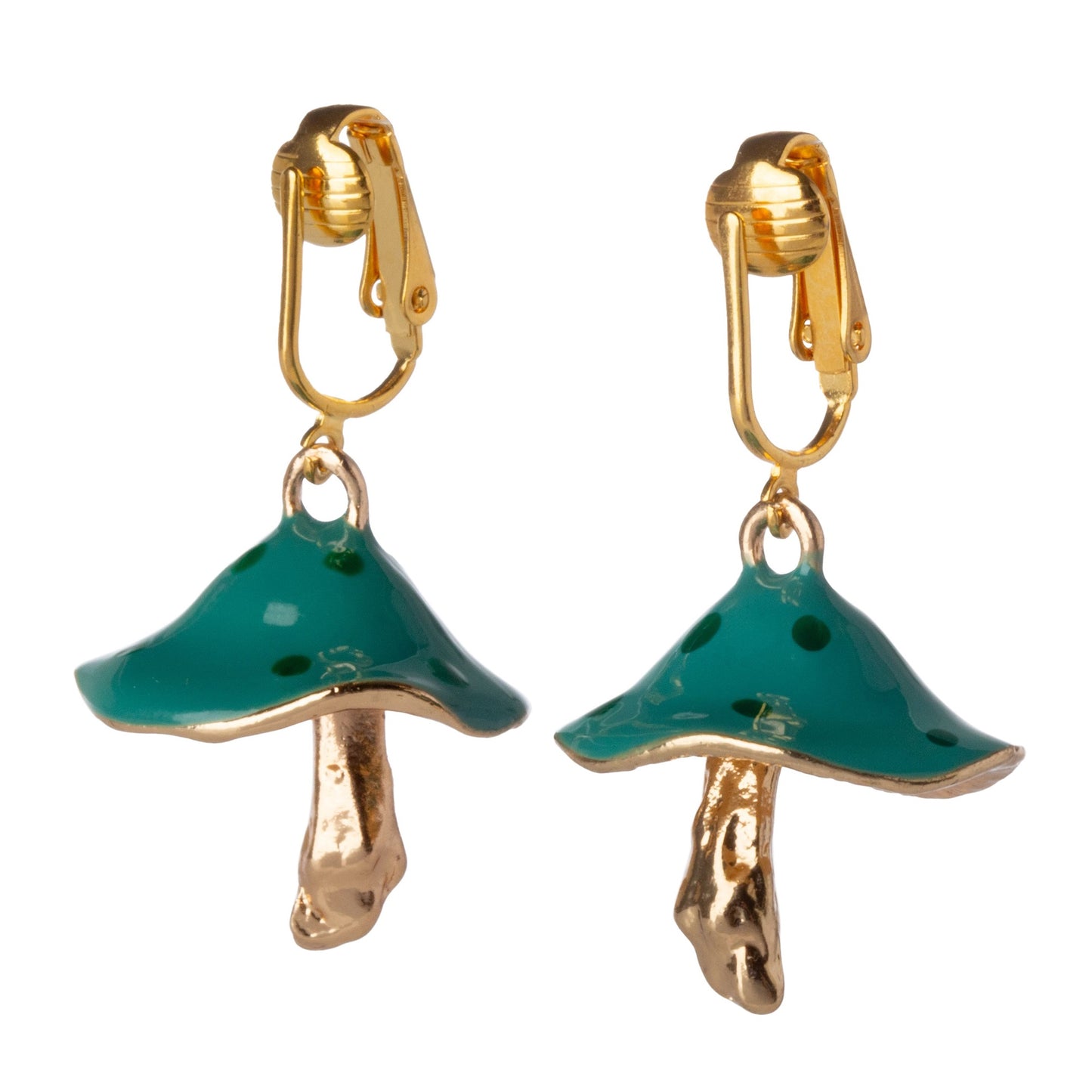 Teal Mushroom Gold Clip On Dangling Earrings