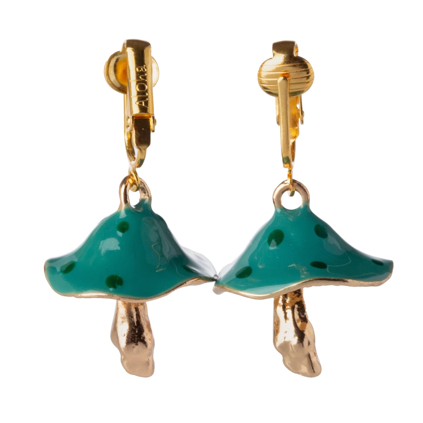 Teal Mushroom Gold Clip On Dangling Earrings