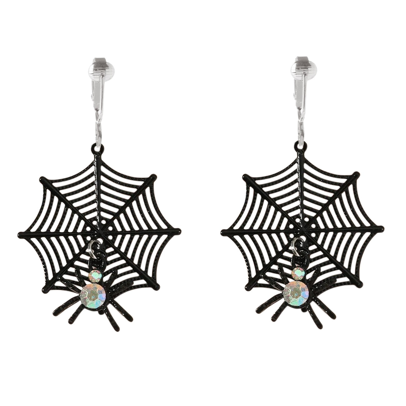 Crystal Spider on Web Silver Clip On Dangling Earrings