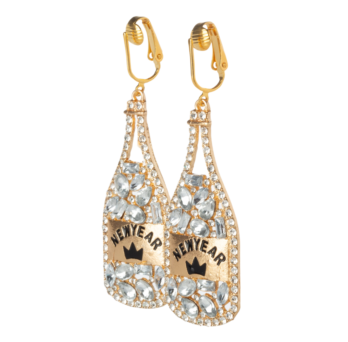 Gold Crystal New Year's Champagne Bottle Clip On Statement Dangling Earrings