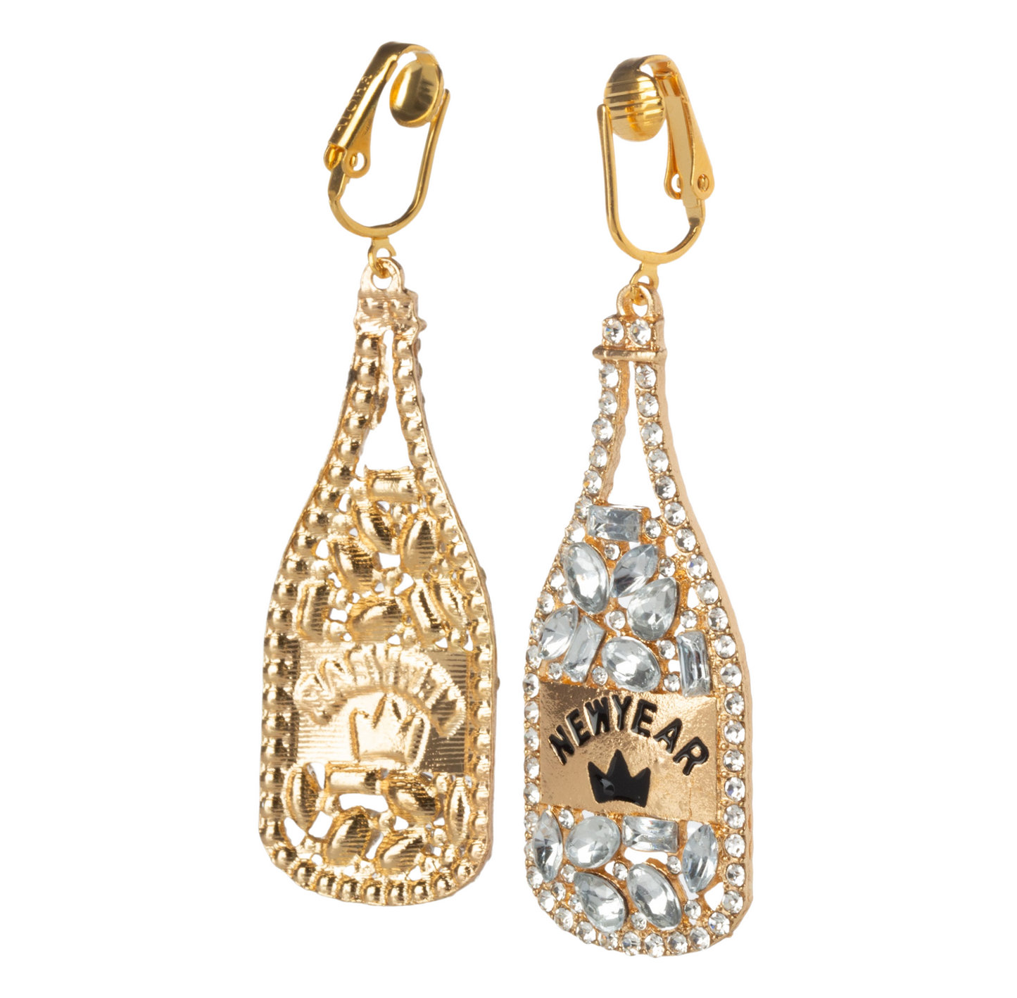 Gold Crystal New Year's Champagne Bottle Clip On Statement Dangling Earrings