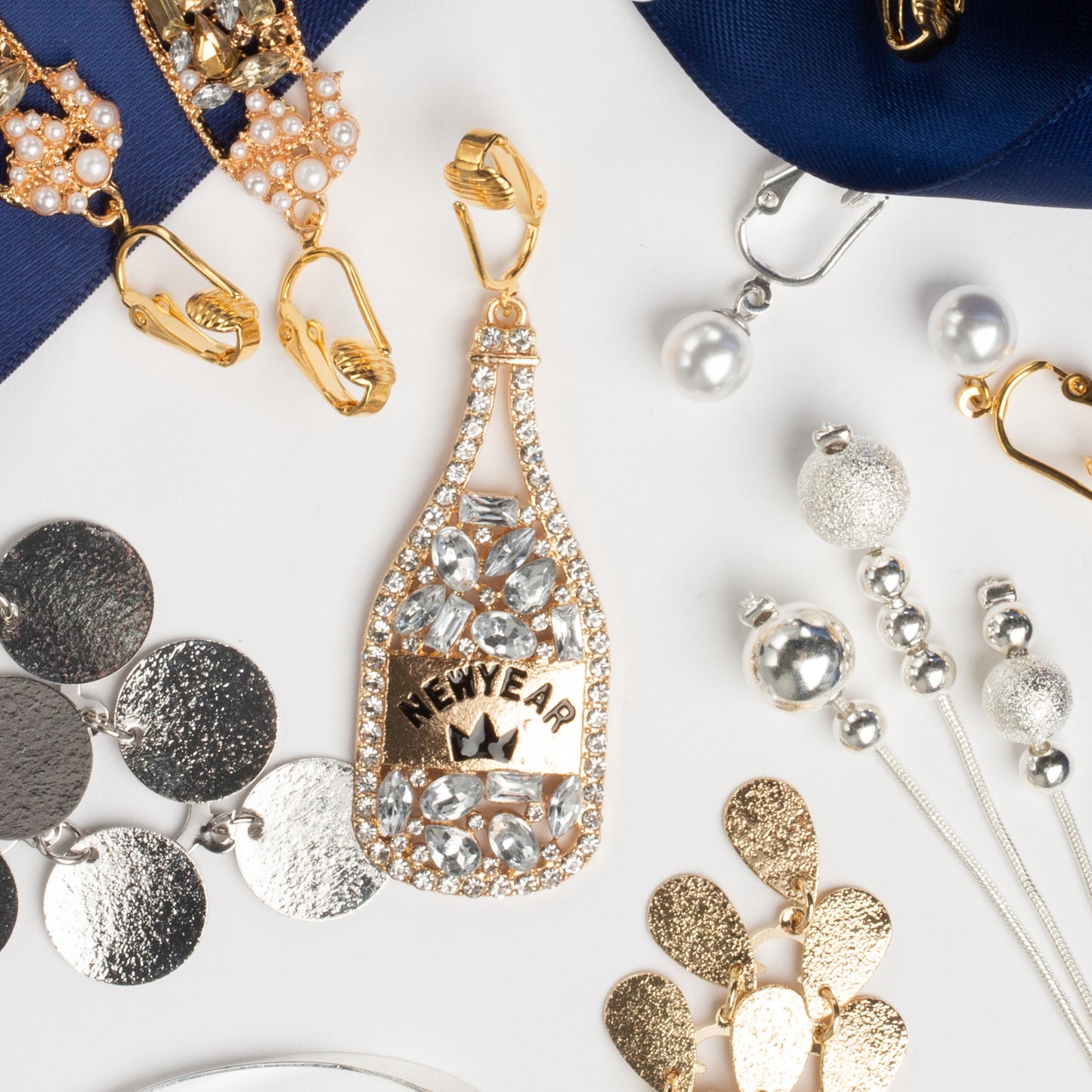 Gold Crystal New Year's Champagne Bottle Clip On Statement Dangling Earrings
