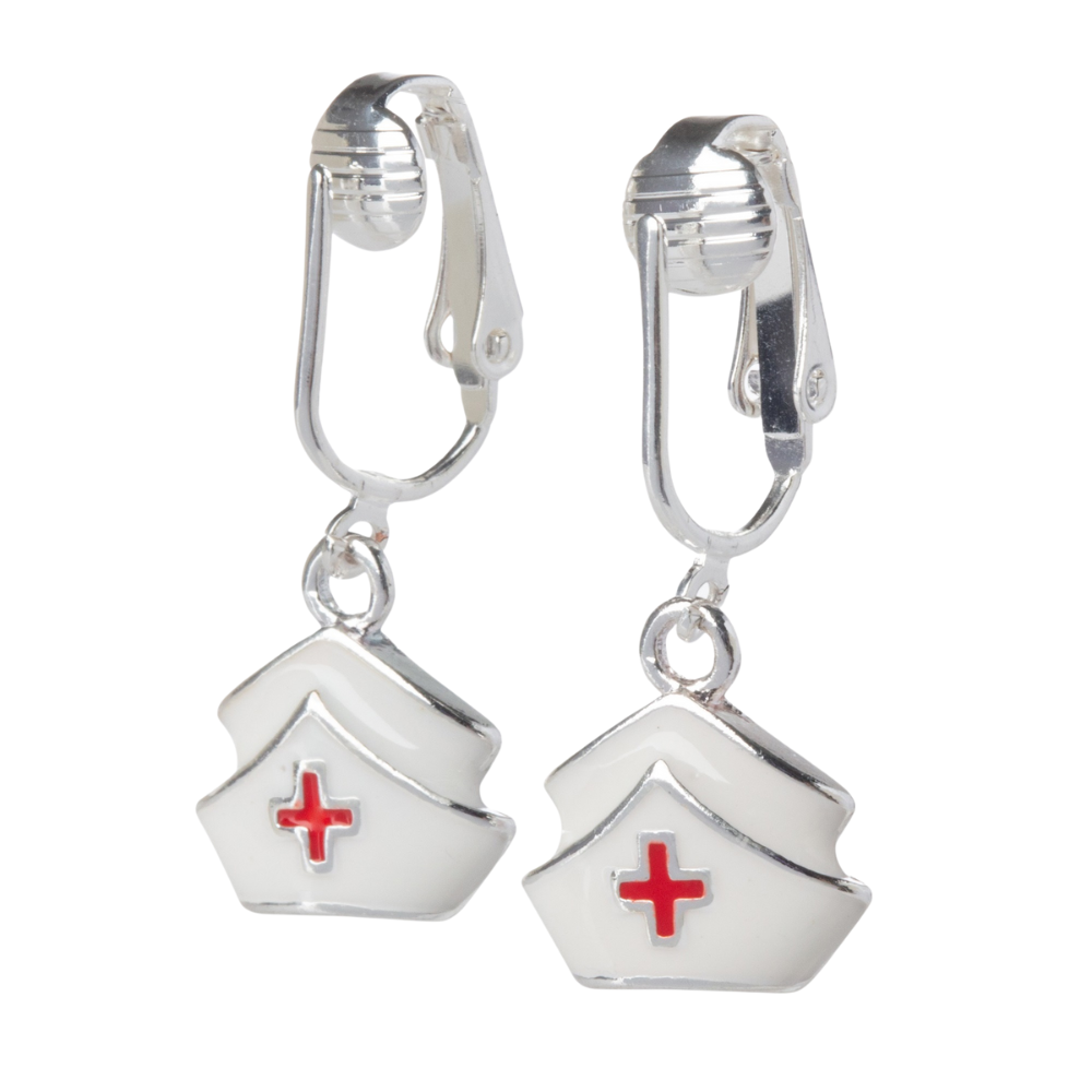 White Nurse Hat Silver Clip On Dangling Earrings
