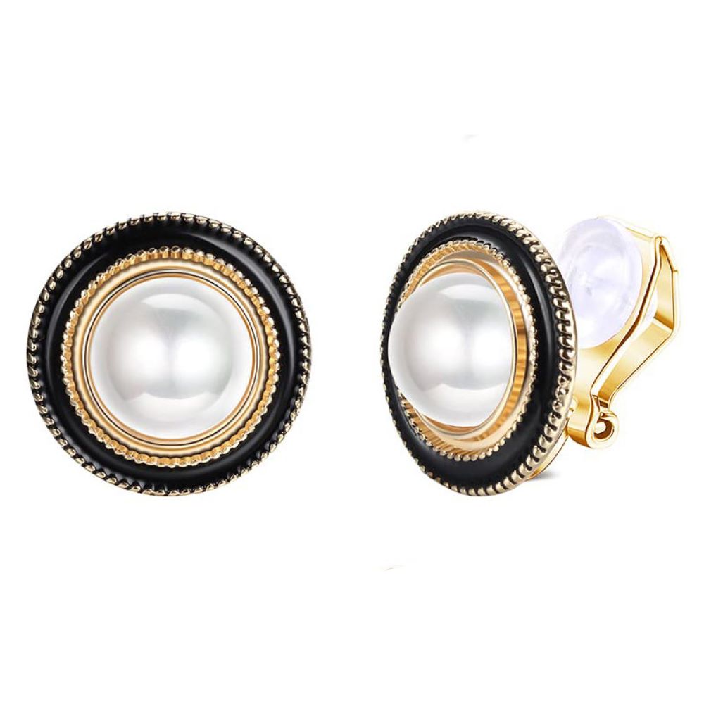 Black Enamel Surrounded Simulated Pearls Clip On Stud Earrings