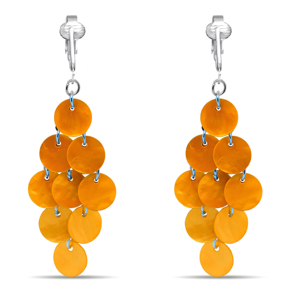 Mother of Pearl Round Layered Clip On Dangling Earrings