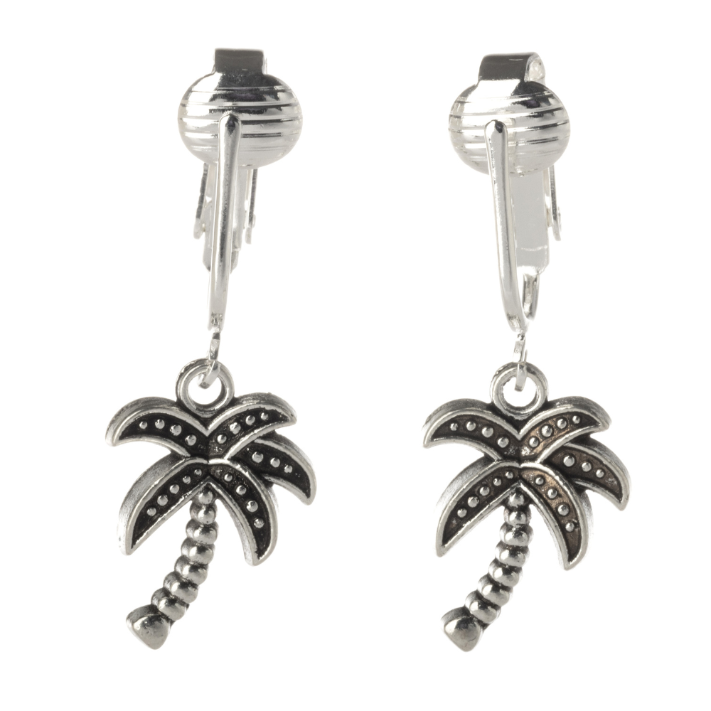 Silver Palm Tree Clip On Dangling Earrings
