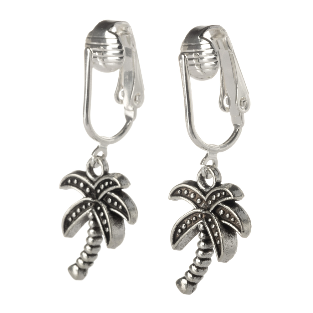 Silver Palm Tree Clip On Dangling Earrings