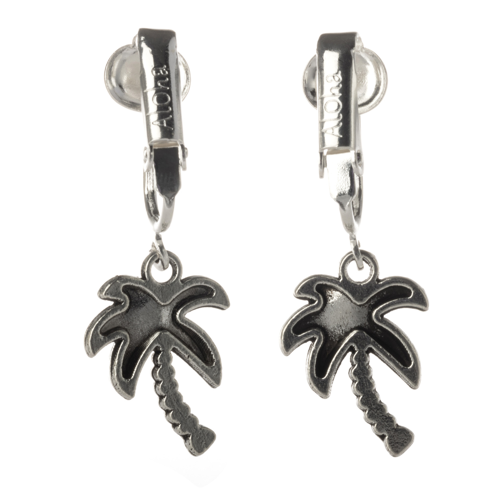 Silver Palm Tree Clip On Dangling Earrings
