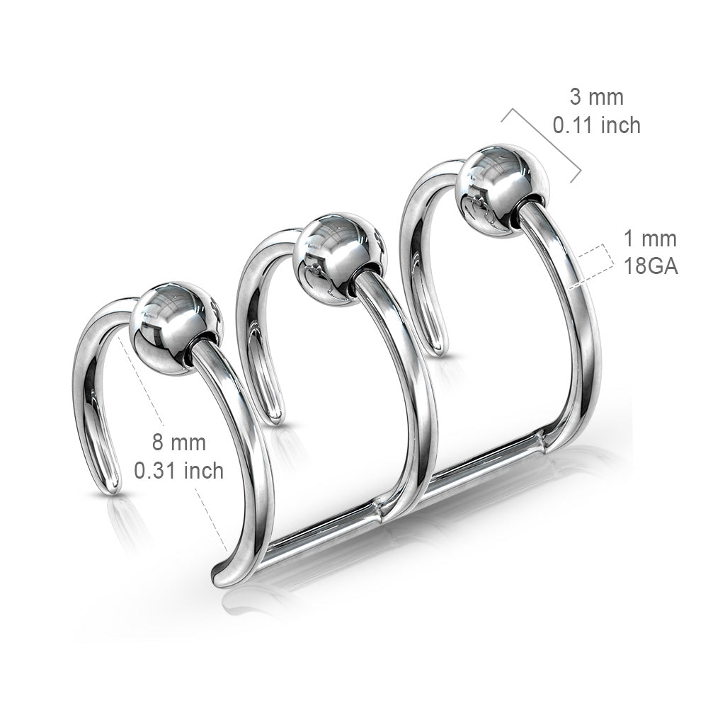 Faux Captive Bead Triple Hoop Non-Piercing Cuff
