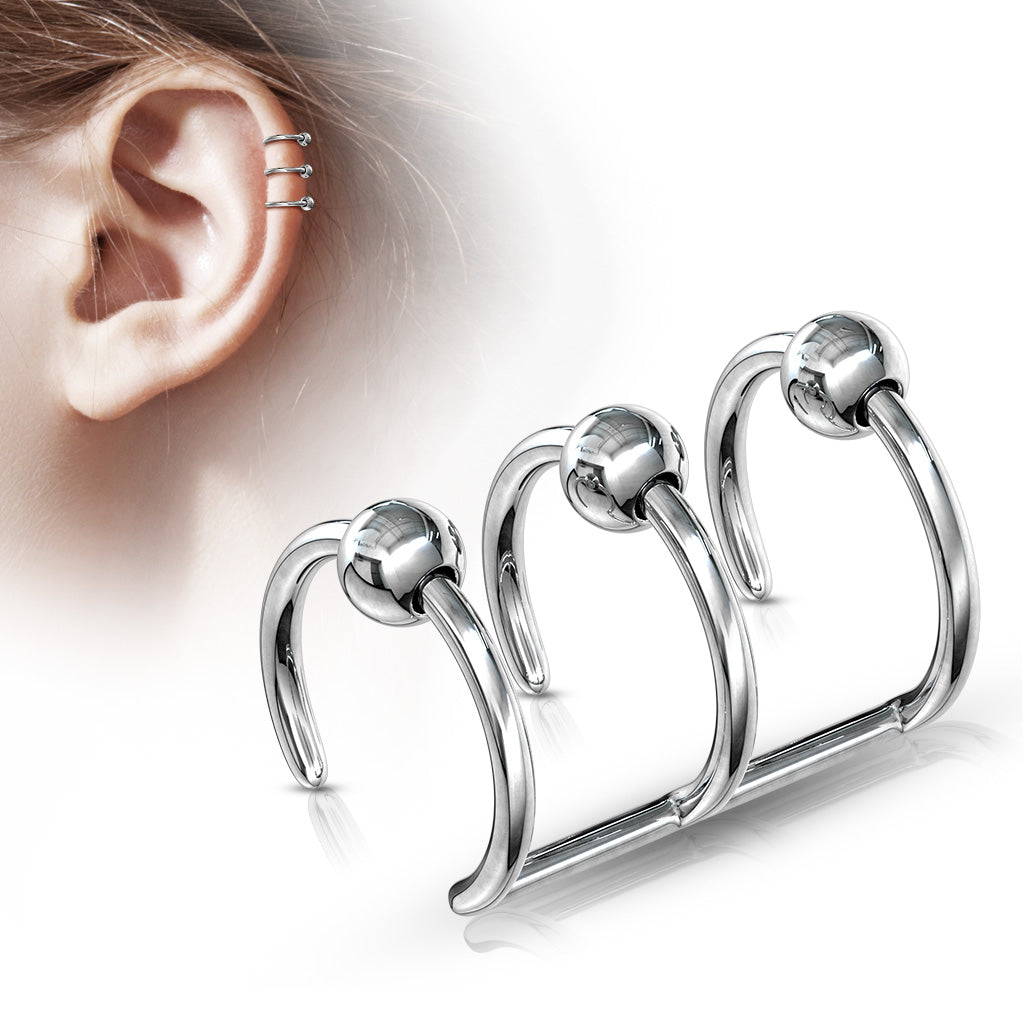 Faux Captive Bead Triple Hoop Non-Piercing Cuff