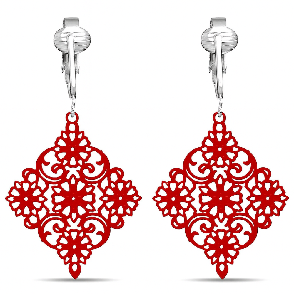 Diamond Shaped Filigree Drop Clip On Dangling Earrings