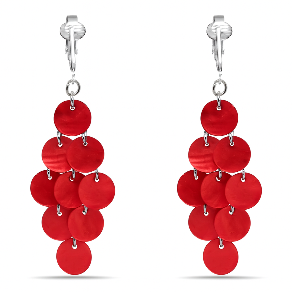Mother of Pearl Round Layered Clip On Dangling Earrings