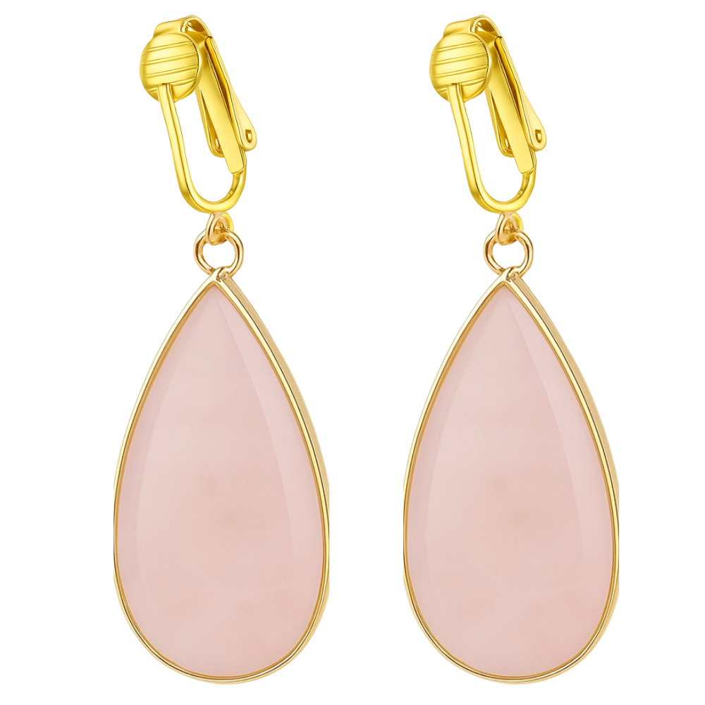Gold Natural Stone Teardrop Clip On Dangling Earrings