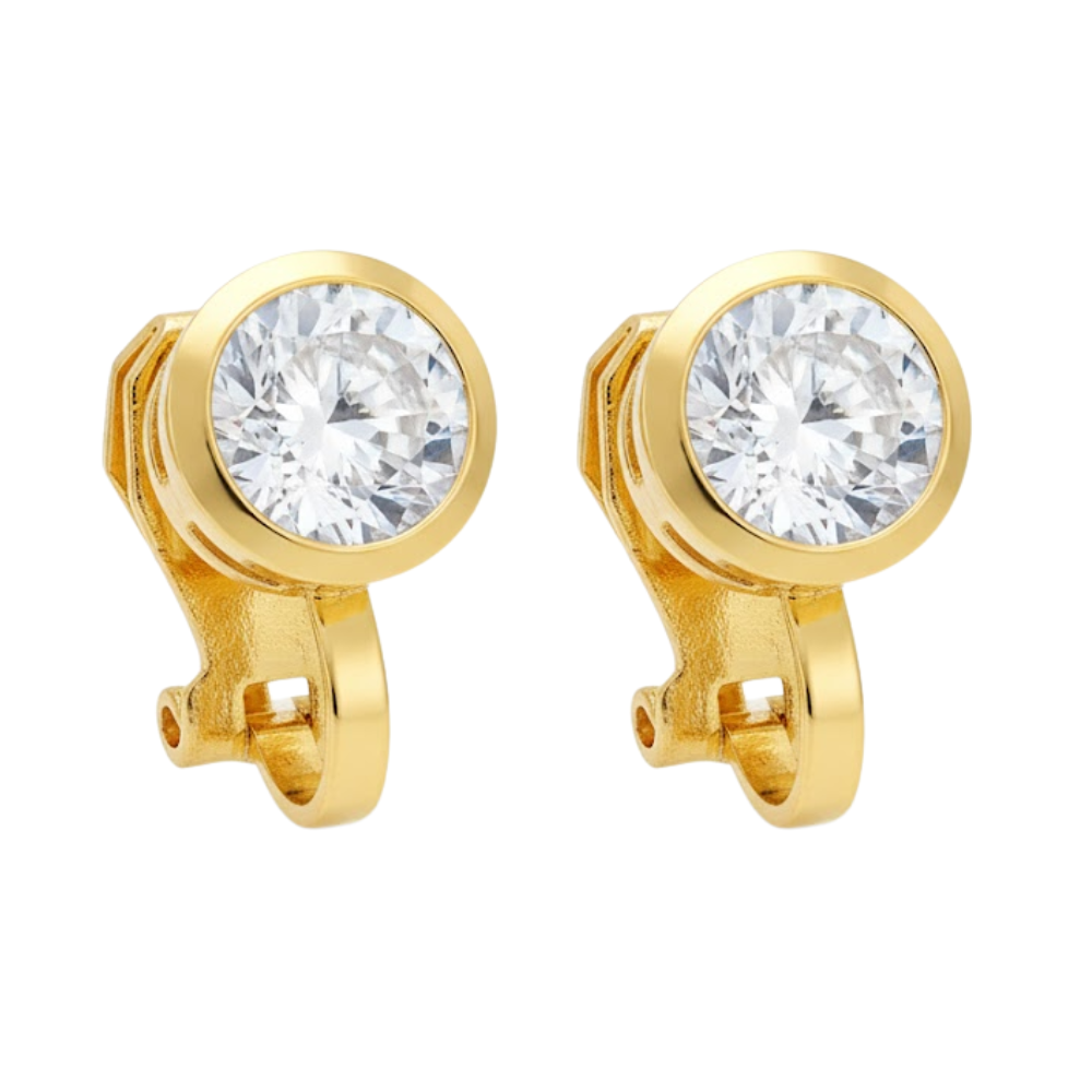 Gold Round Crystal Clip On Stud Earrings