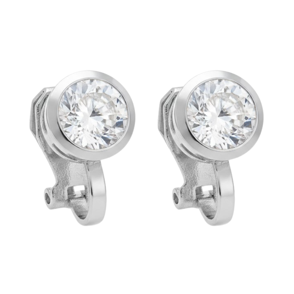 Silver Round Crystal Clip On Stud Earrings