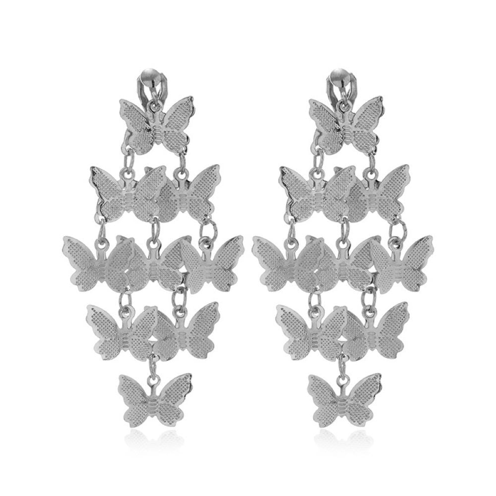 Silver Layered Butterfly Clip On Dangling Earrings