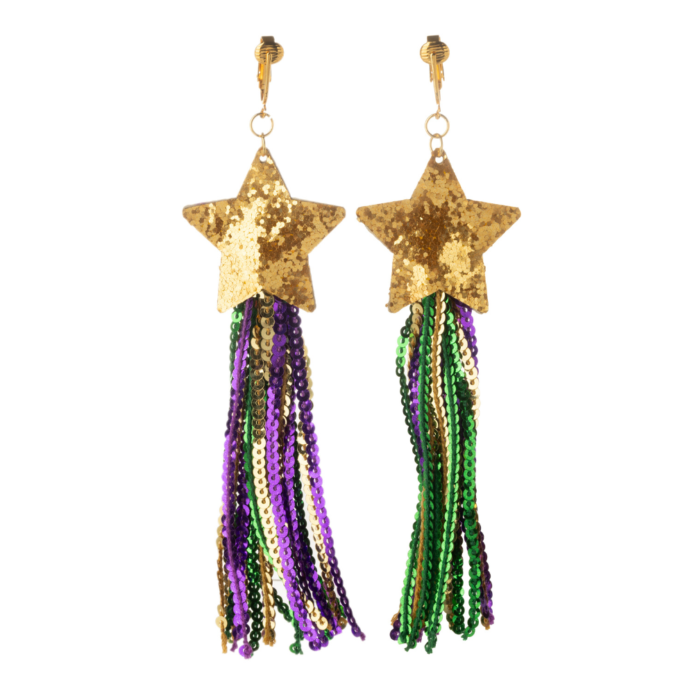 Gold Mardi Gras Star Sequin Tassel Clip On Dangling Earrings