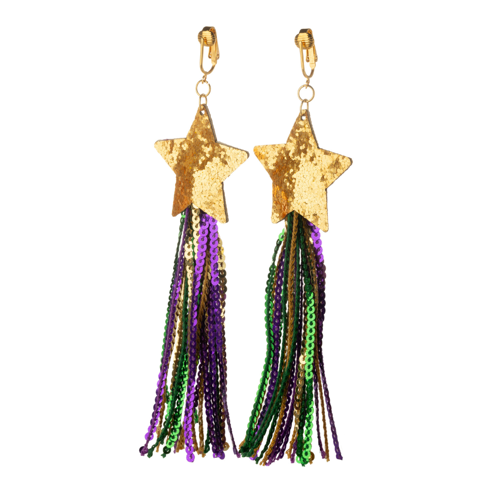 Gold Mardi Gras Star Sequin Tassel Clip On Dangling Earrings