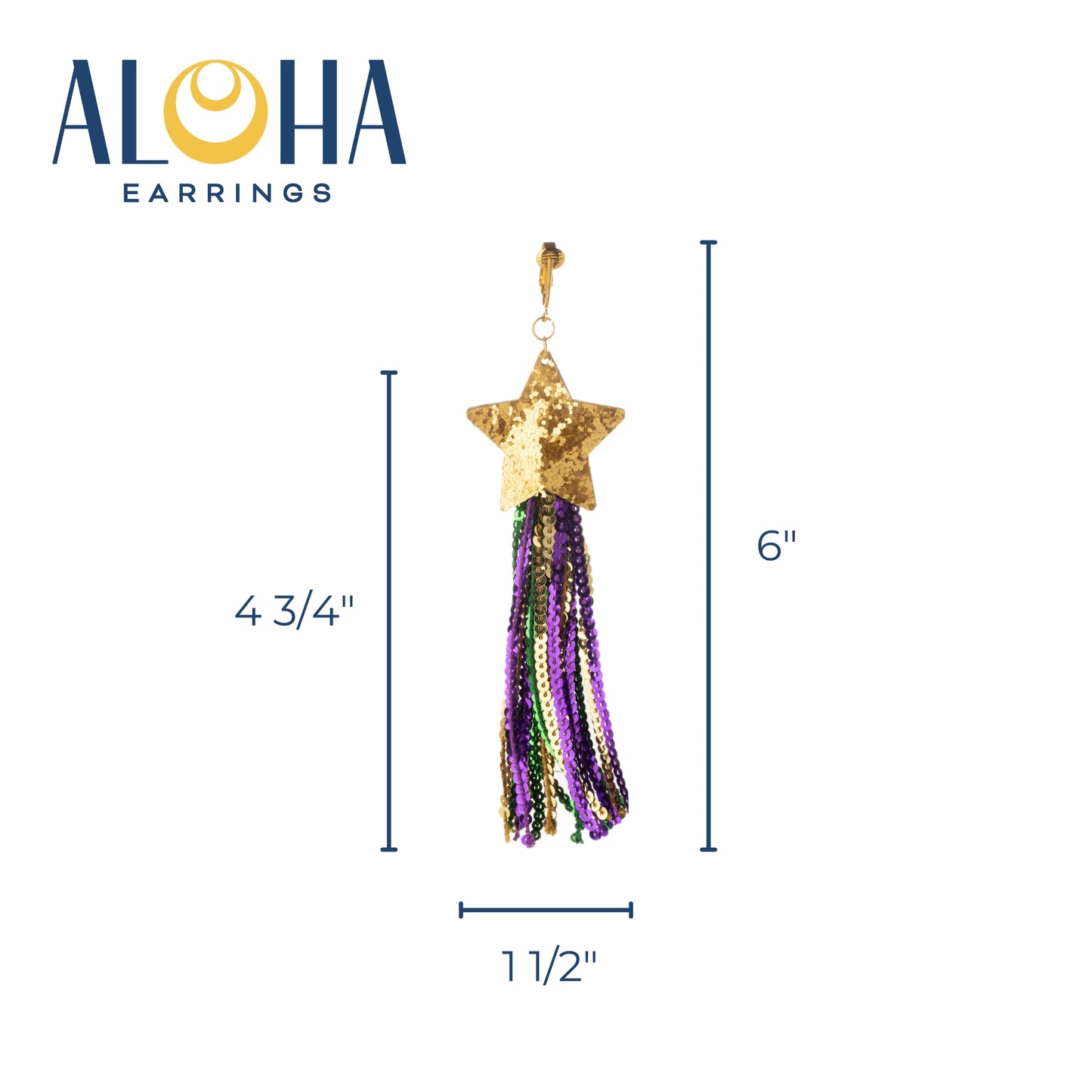 Gold Mardi Gras Star Sequin Tassel Clip On Dangling Earrings