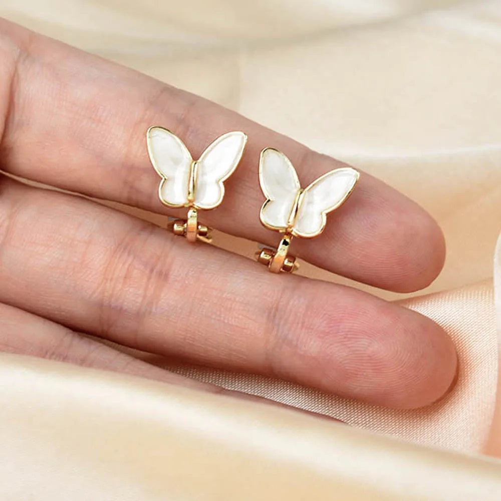 Gold White Butterfly Clip On Stud Earrings
