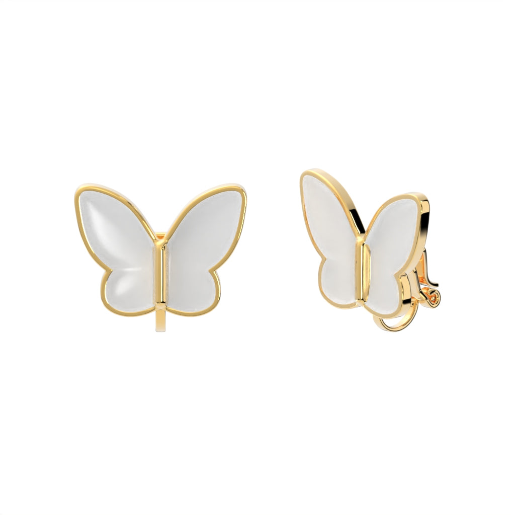 Gold White Butterfly Clip On Stud Earrings