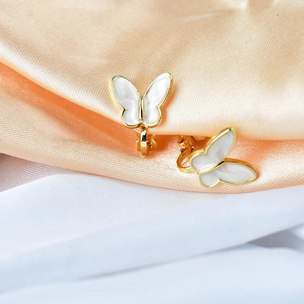 Gold White Butterfly Clip On Stud Earrings