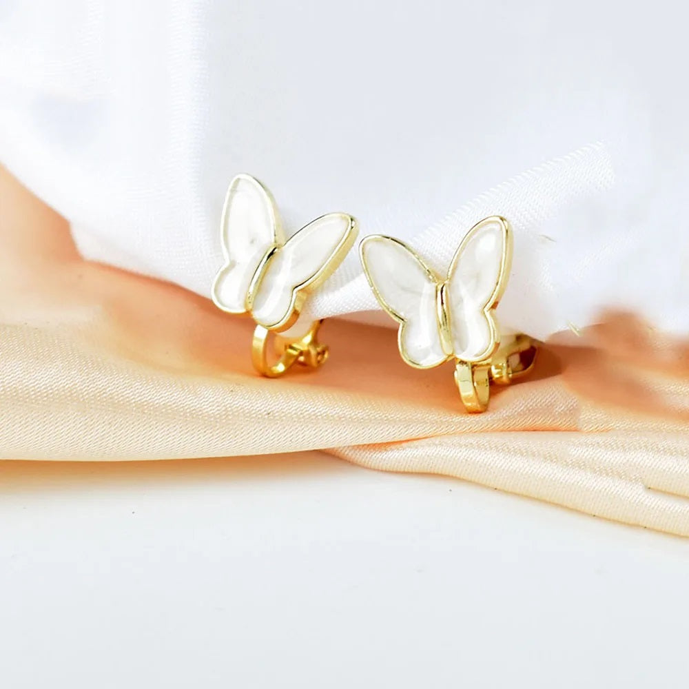 Gold White Butterfly Clip On Stud Earrings