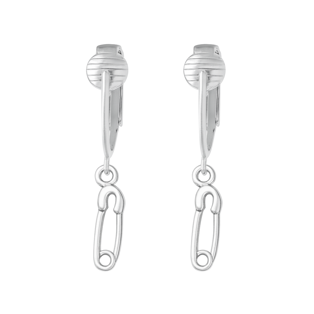 Silver Safety Pins Clip On Dangling Earrings