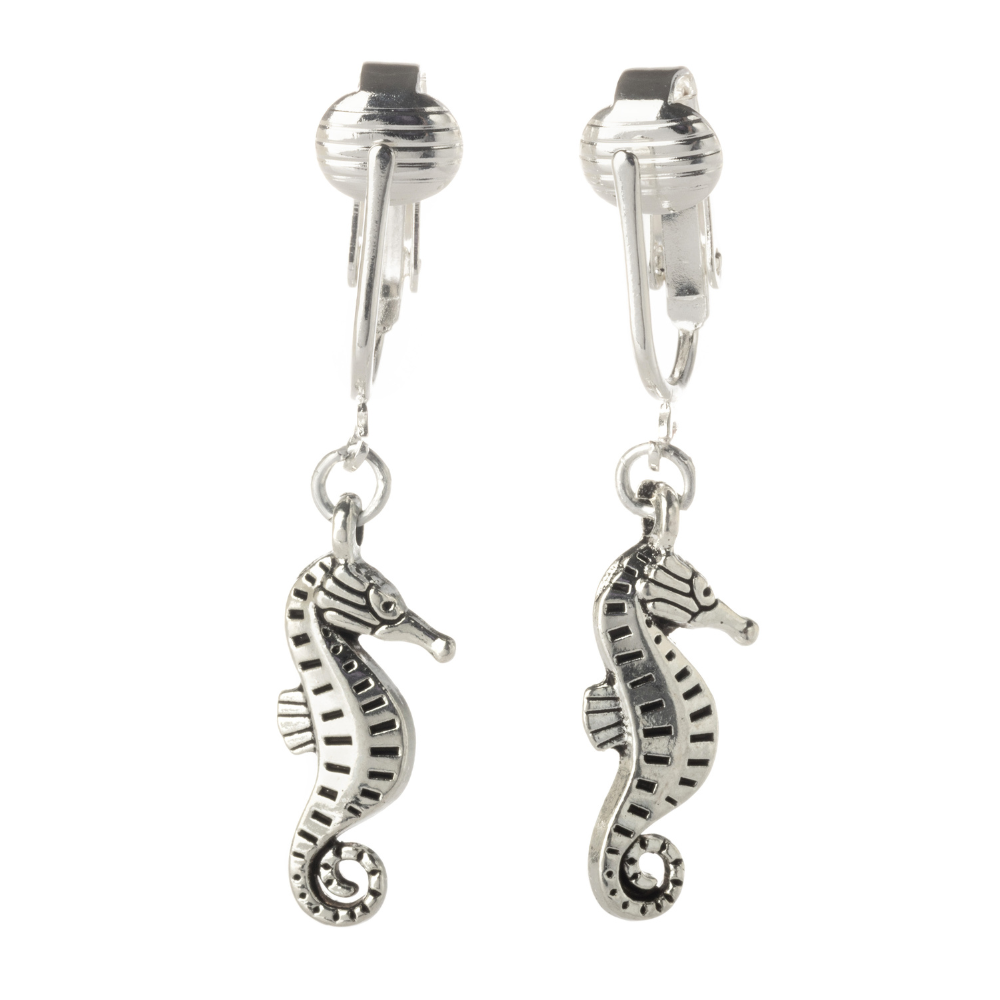 Silver Seahorse Tail Clip On Dangling Earrings