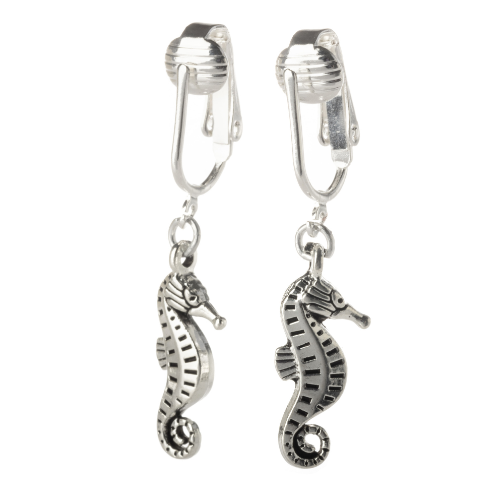Silver Seahorse Tail Clip On Dangling Earrings