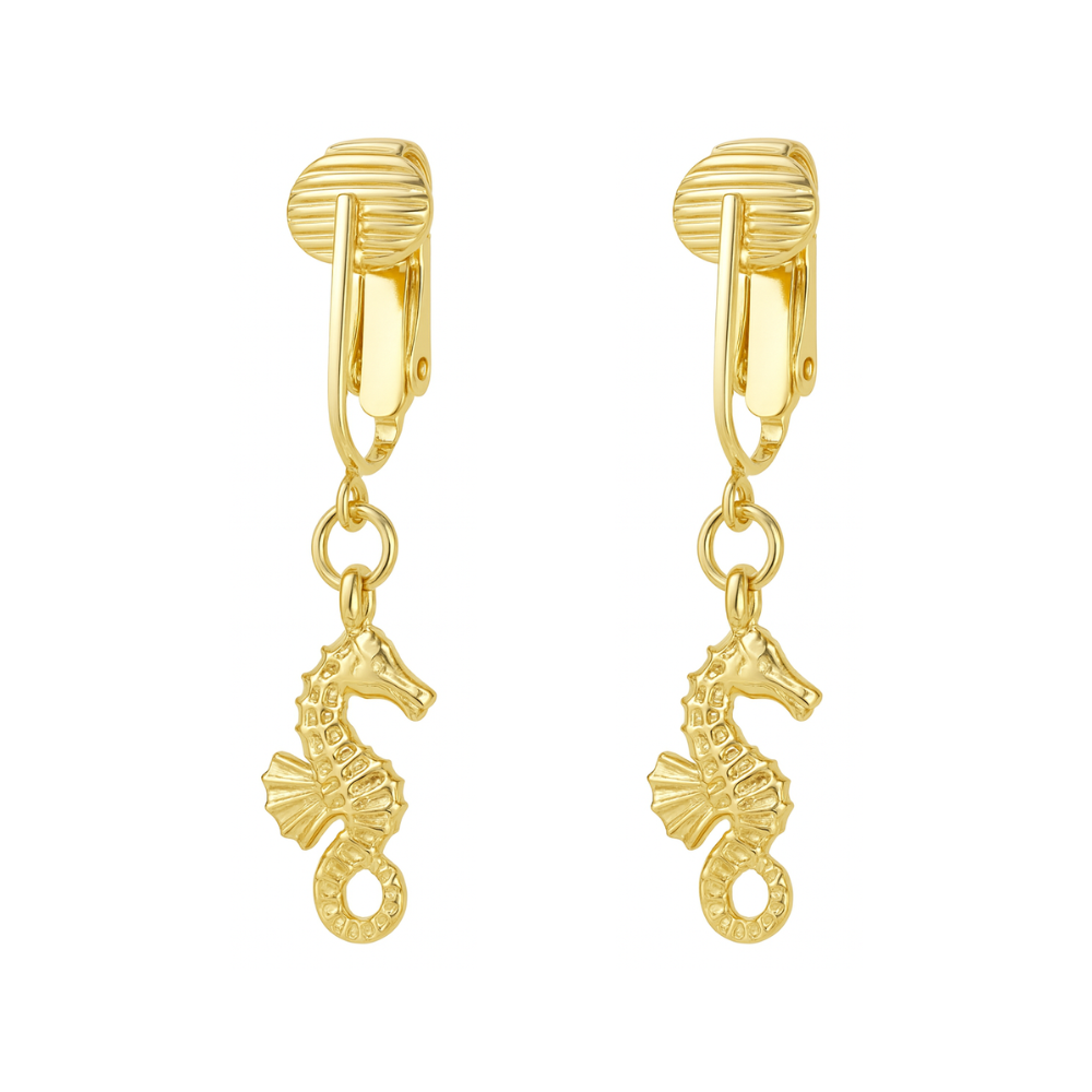 Gold Seahorses Clip On Dangling Earrings
