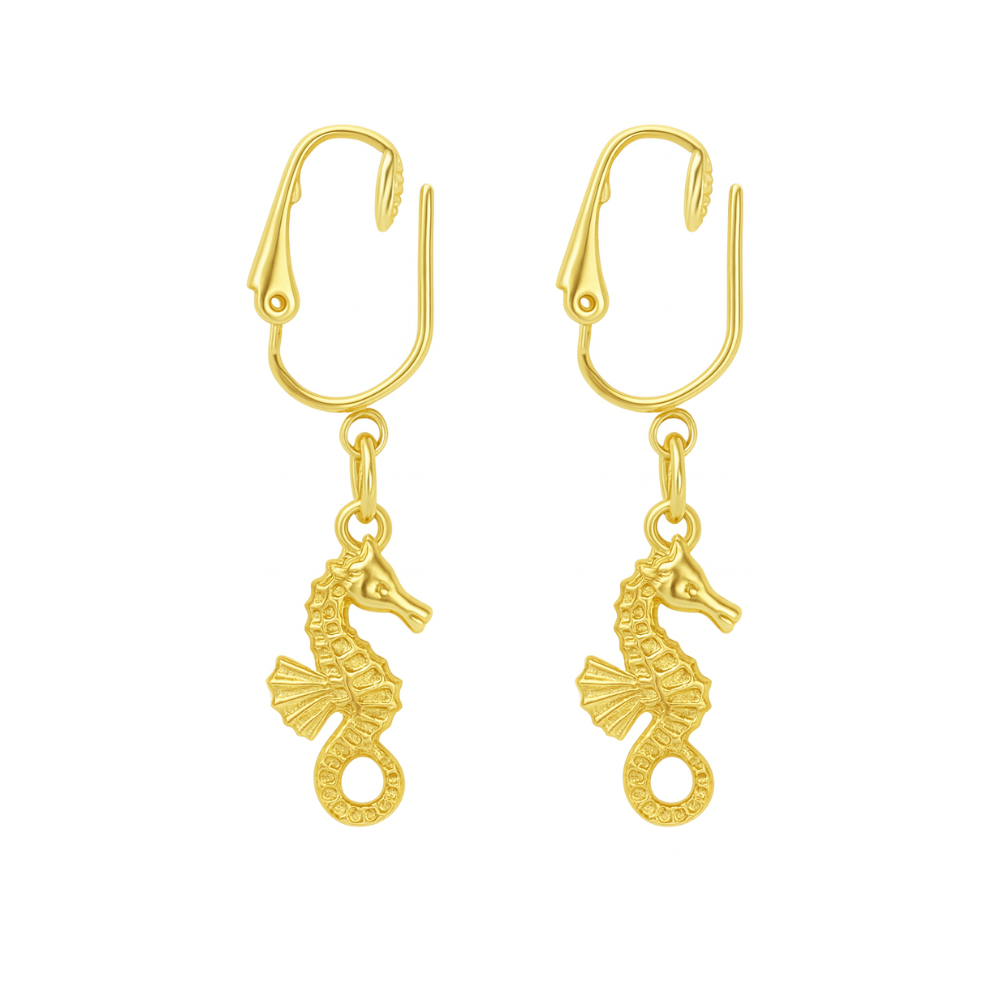 Gold Seahorses Clip On Dangling Earrings