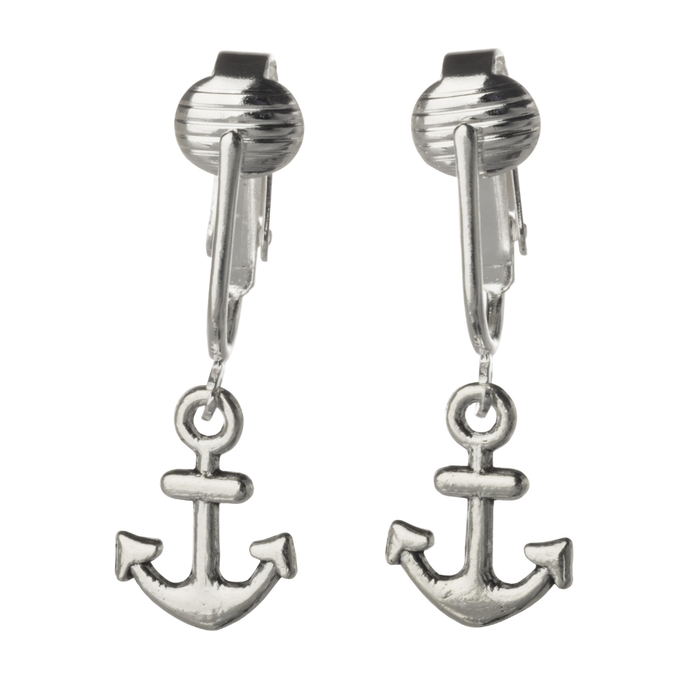 Silver Anchor Clip On Dangling Earrings