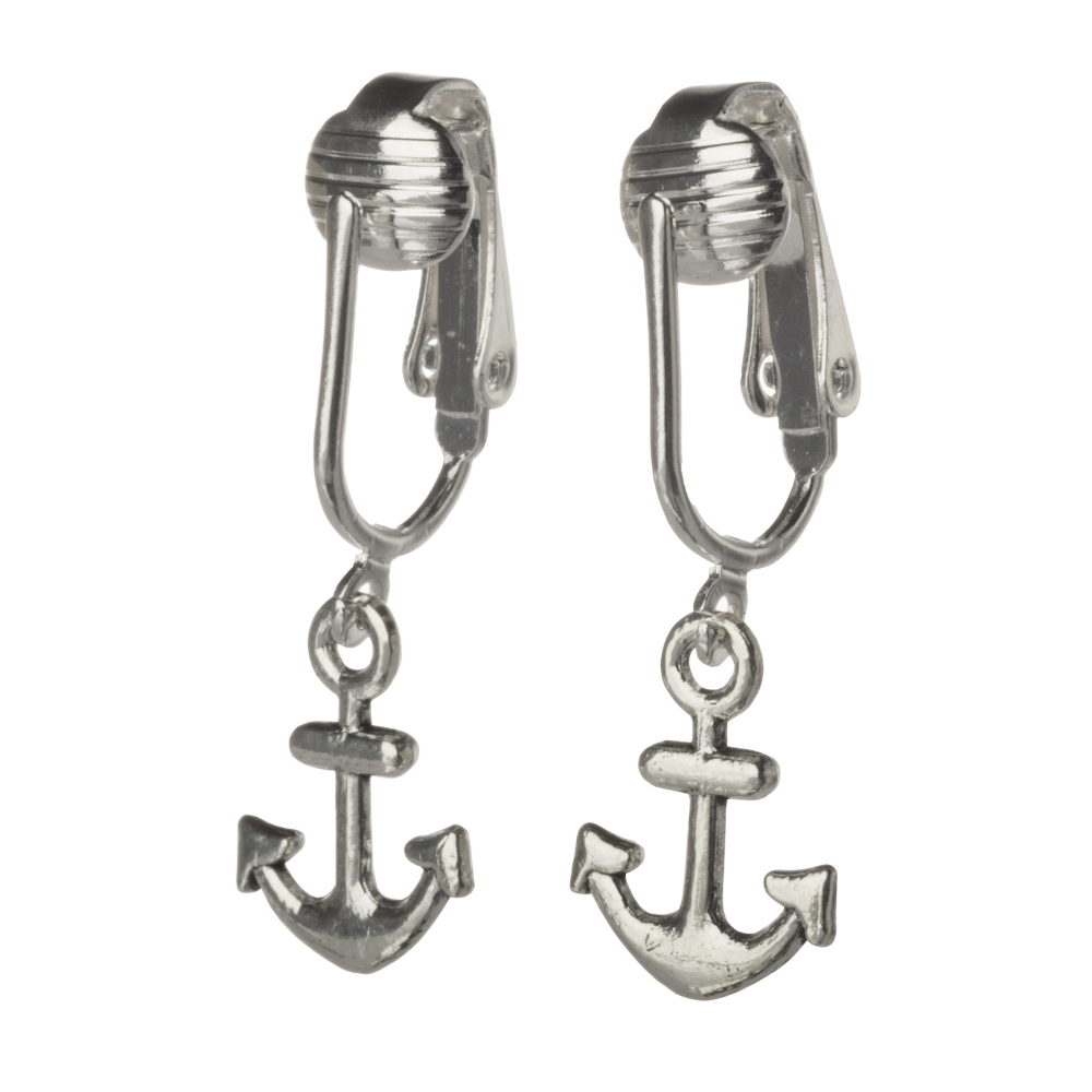 Silver Anchor Clip On Dangling Earrings