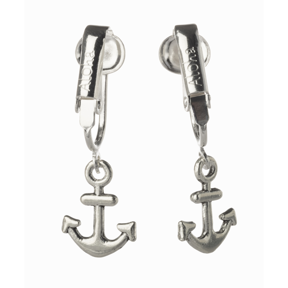 Silver Anchor Clip On Dangling Earrings