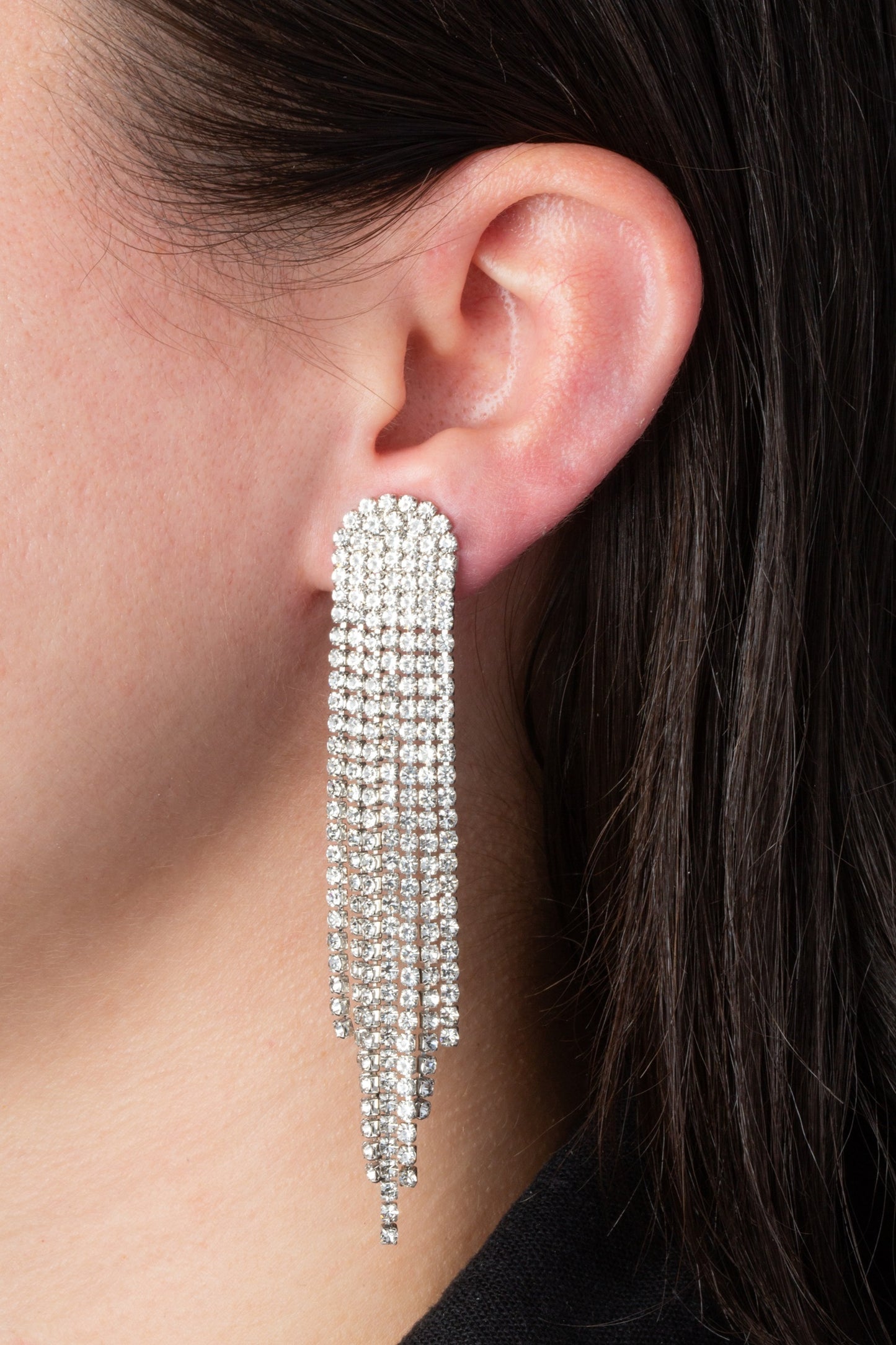 Silver Crystal Tassel Clip On Statement Dangling Earrings