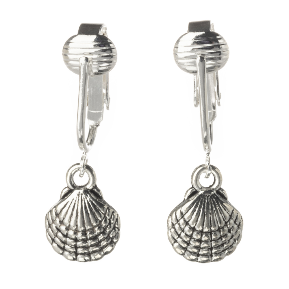 Silver Shell Clip On Dangling Earrings
