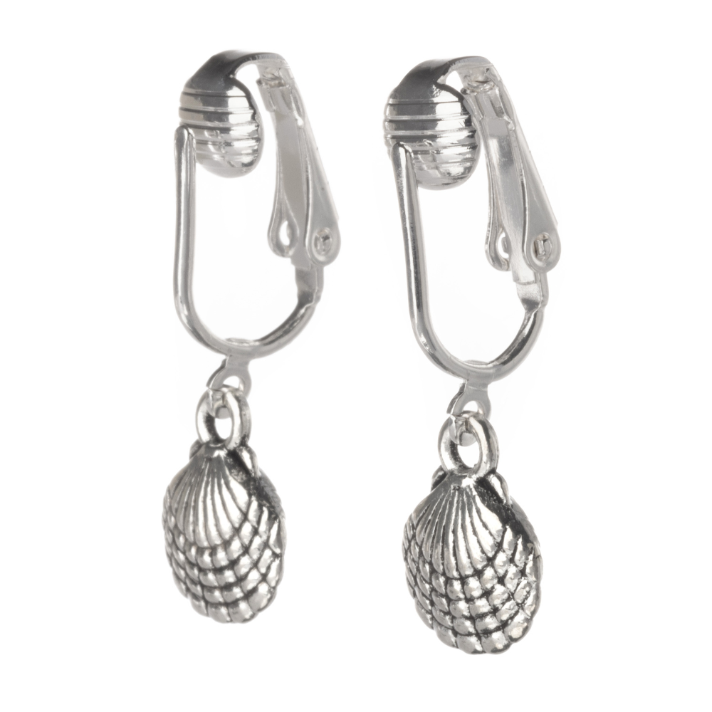 Silver Shell Clip On Dangling Earrings