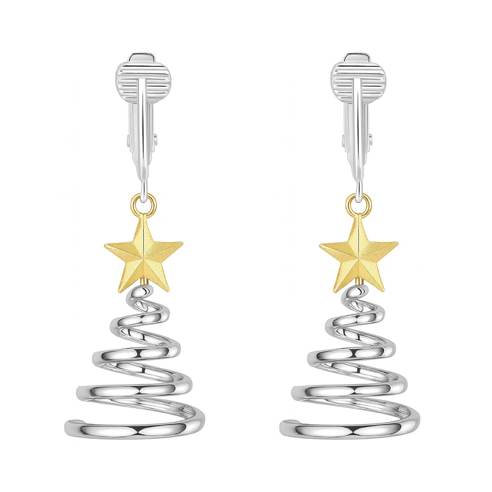 Silver Spiral Christmas Trees Clip On Dangling Earrings