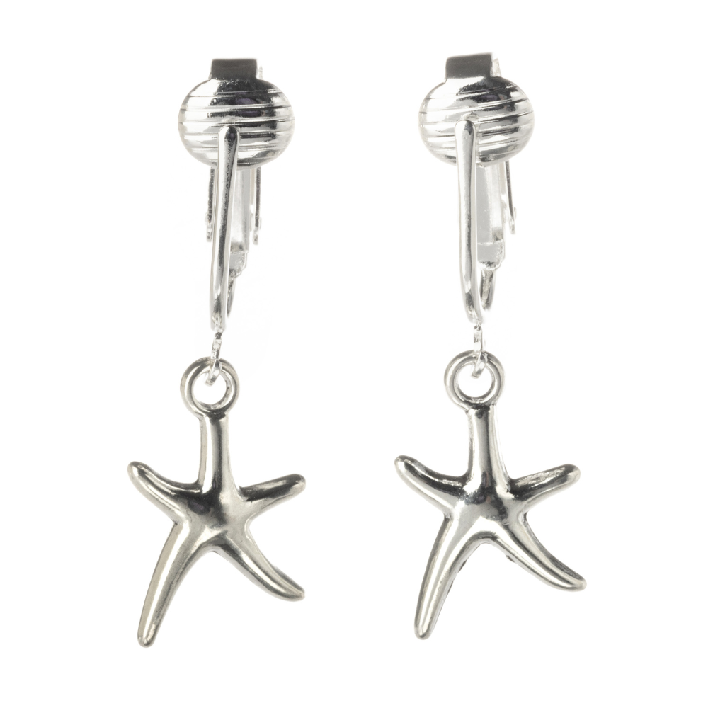 Silver Starfish Clip On Dangling Earrings