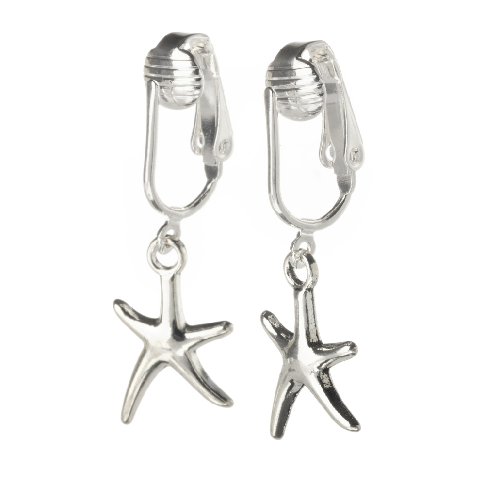 Silver Starfish Clip On Dangling Earrings